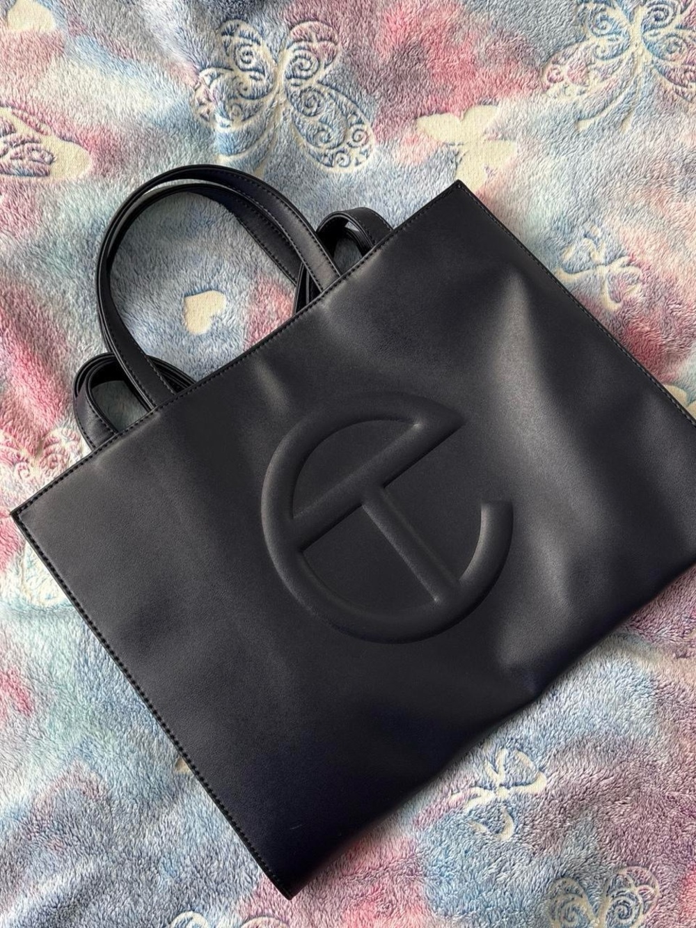 Telfar Navy Faux Leather Shopping Tote with Embossed Logo